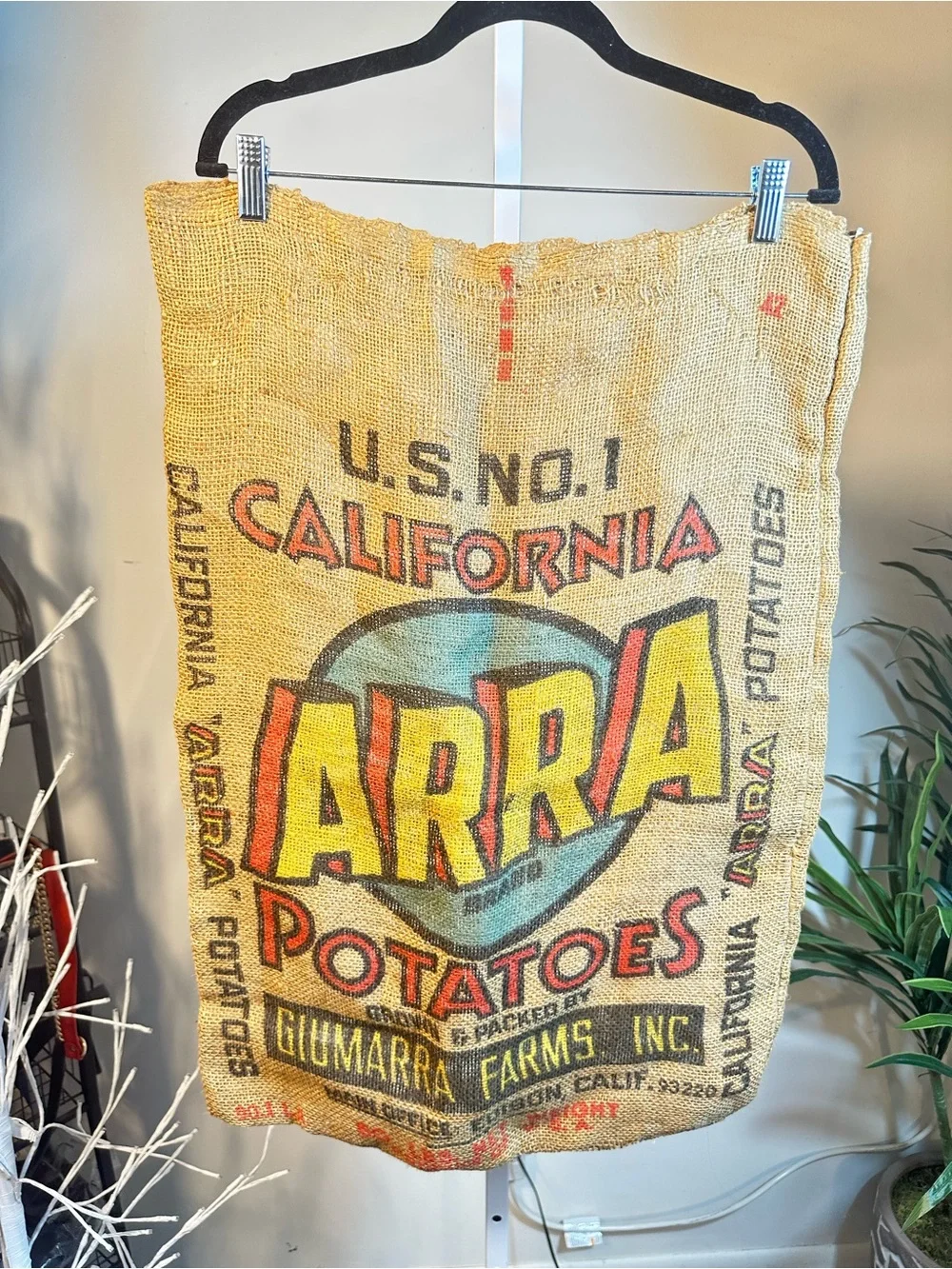 A4. ARRA Potatoes Burlap Sack Wall Hanging - Yellow Red Blue